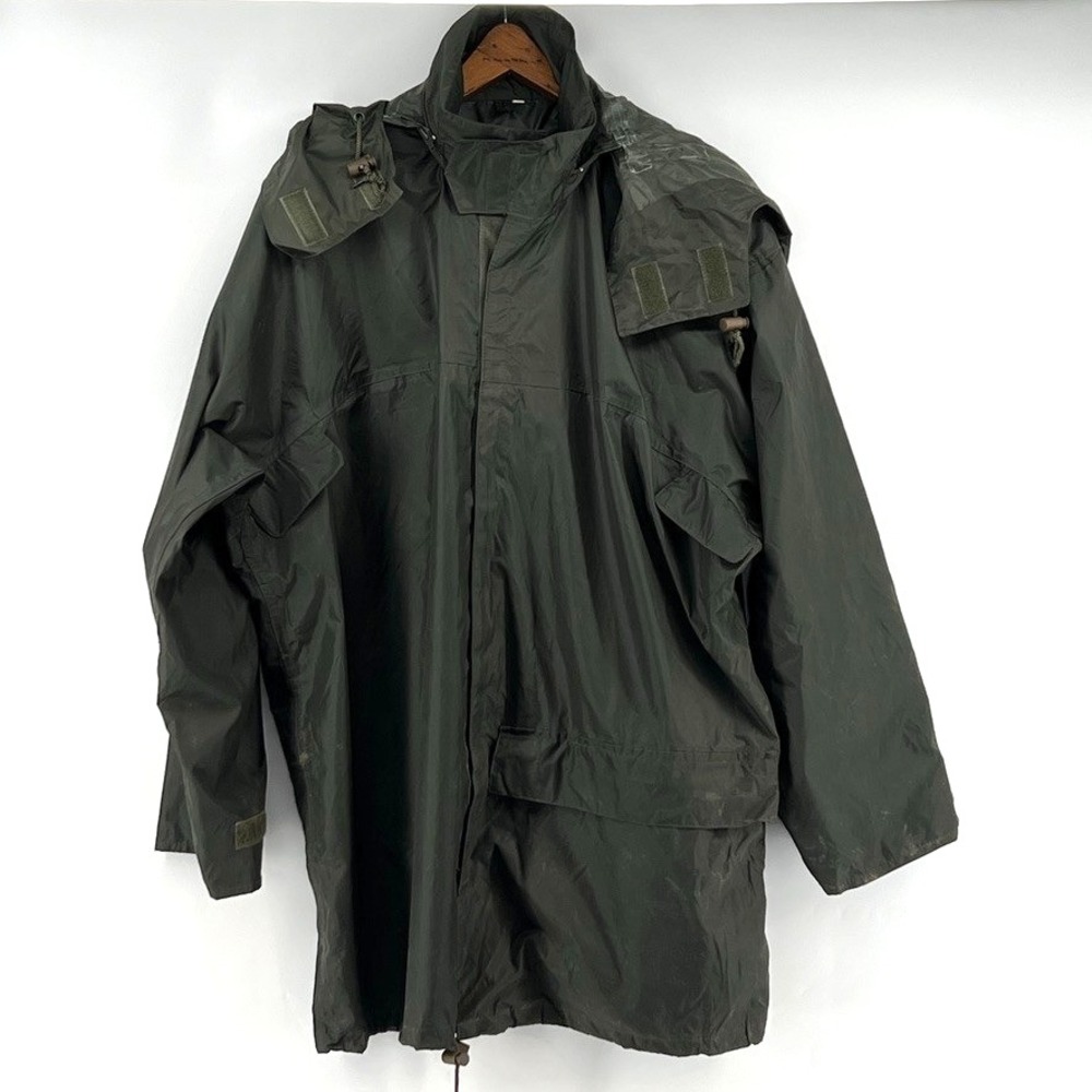 VTG French Military Wet Weather Rain Parka Jacket Hood Packable Olive Army Surpl